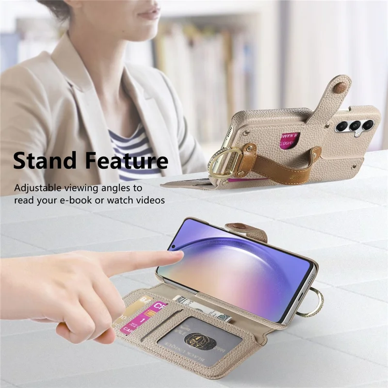 For Samsung Galaxy A55 5G Case RFID Blocking Zipper Wallet PU Leather Mobile Cover - Khaki