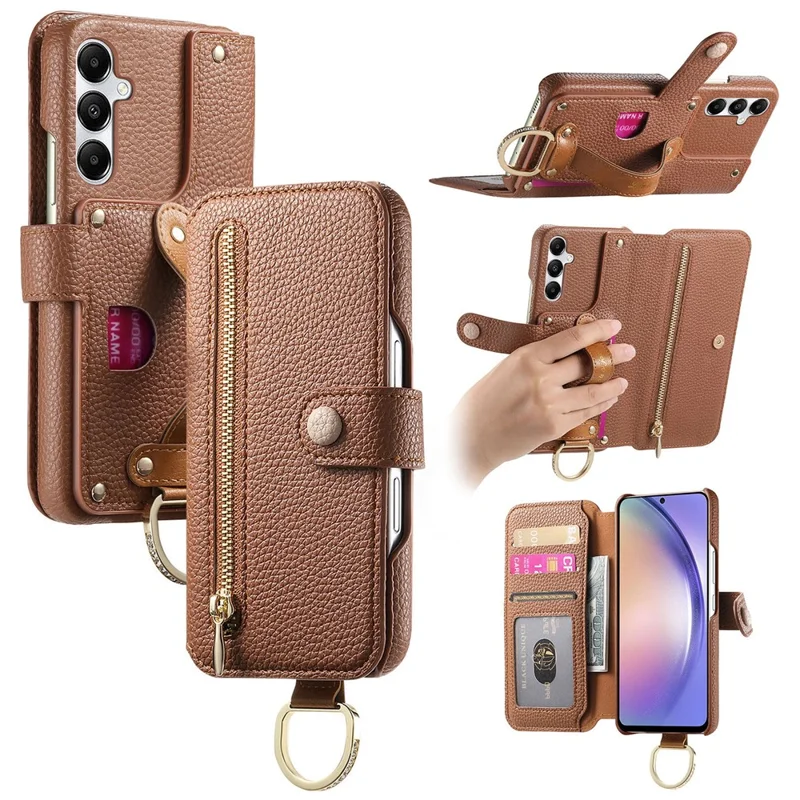 For Samsung Galaxy A55 5G Case RFID Blocking Zipper Wallet PU Leather Mobile Cover - Brown