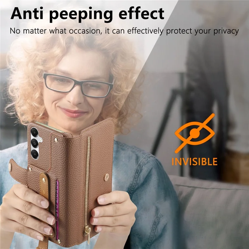 For Samsung Galaxy A55 5G Case RFID Blocking Zipper Wallet PU Leather Mobile Cover - Brown