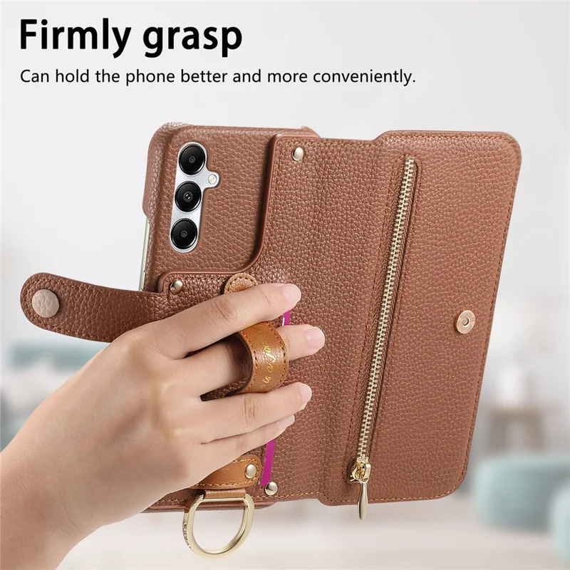 For Samsung Galaxy A55 5G Case RFID Blocking Zipper Wallet PU Leather Mobile Cover - Brown