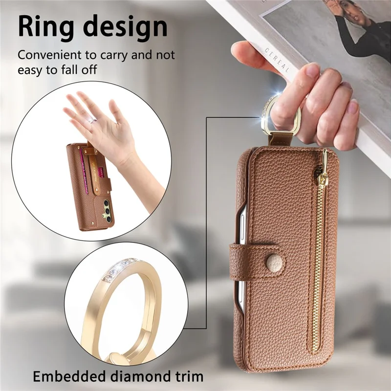 For Samsung Galaxy A55 5G Case RFID Blocking Zipper Wallet PU Leather Mobile Cover - Brown