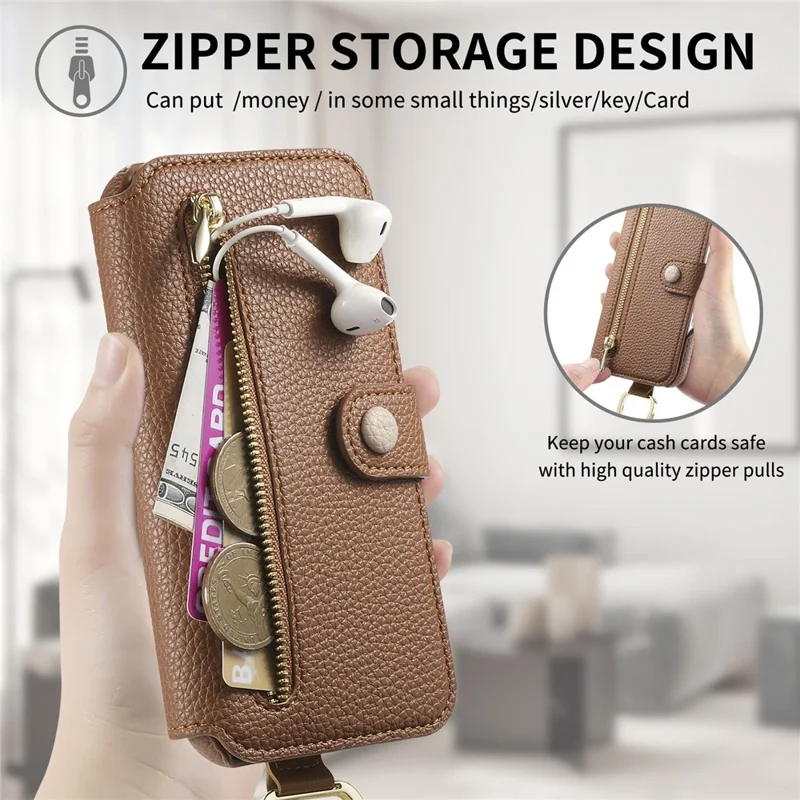 For Samsung Galaxy A55 5G Case RFID Blocking Zipper Wallet PU Leather Mobile Cover - Brown