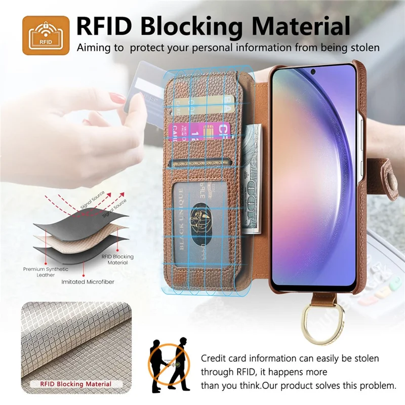 For Samsung Galaxy A55 5G Case RFID Blocking Zipper Wallet PU Leather Mobile Cover - Brown