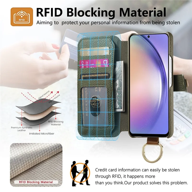 For Samsung Galaxy A55 5G Case RFID Blocking Zipper Wallet PU Leather Mobile Cover - Green