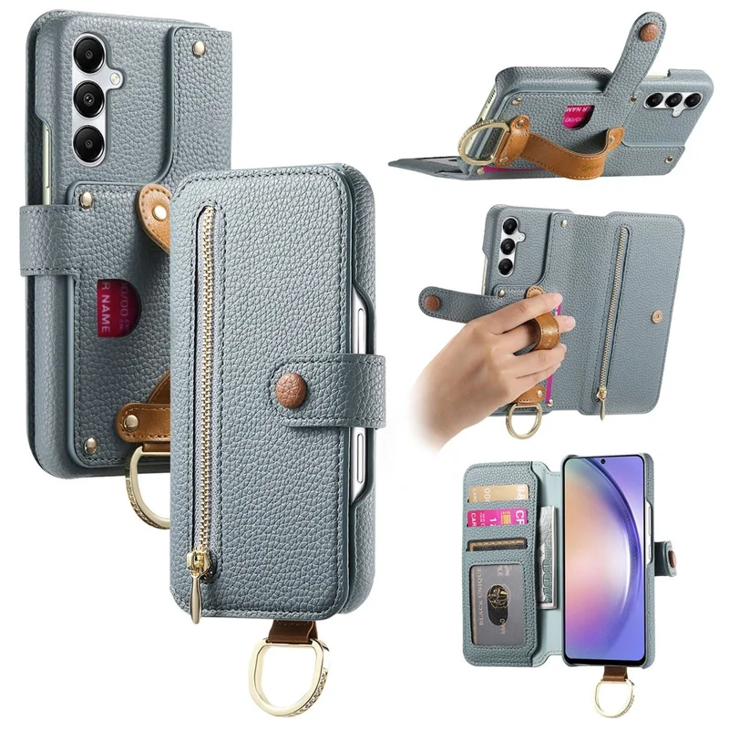 For Samsung Galaxy A55 5G Case RFID Blocking Zipper Wallet PU Leather Mobile Cover - Blue