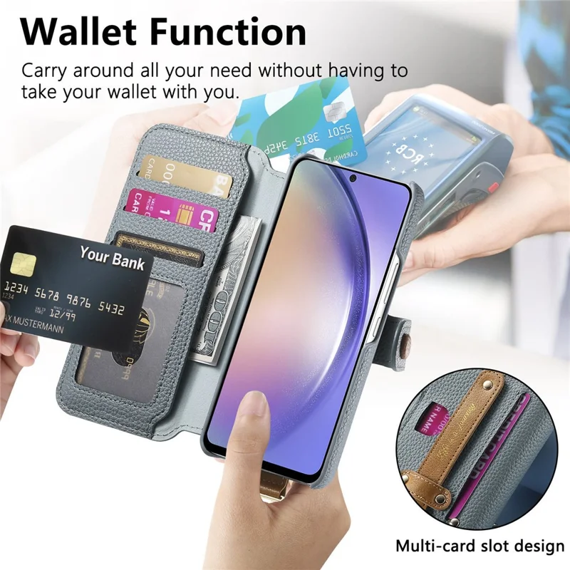 For Samsung Galaxy A55 5G Case RFID Blocking Zipper Wallet PU Leather Mobile Cover - Blue