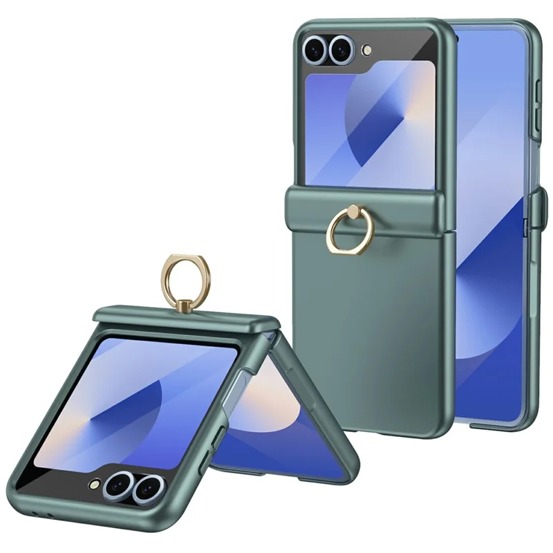 For Samsung Galaxy Z Flip5 5G Case with Tempered Glass Film Ring Holder Kickstand PC Phone Cover - Green