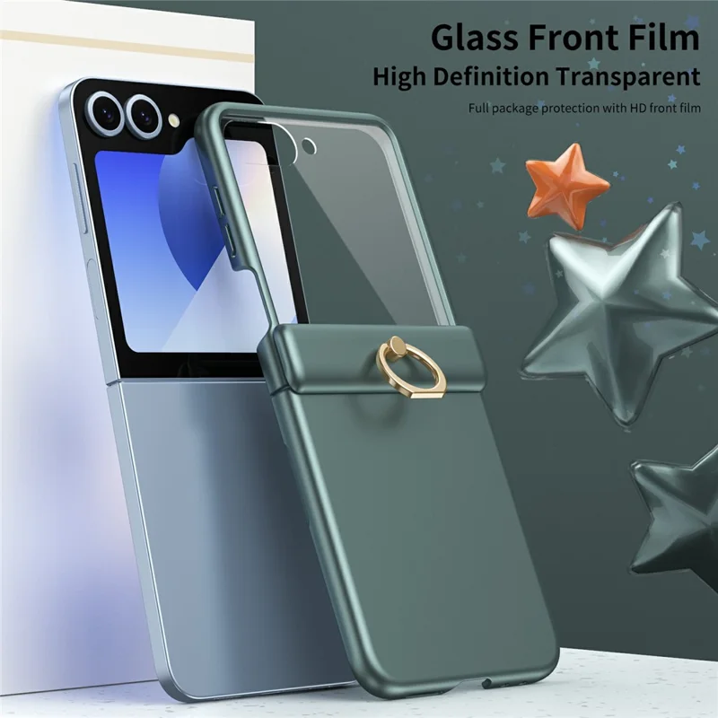 For Samsung Galaxy Z Flip5 5G Case with Tempered Glass Film Ring Holder Kickstand PC Phone Cover - Green