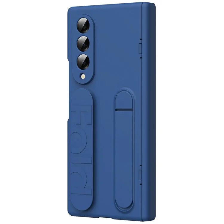 For Samsung Galaxy Z Fold4 5G Case with Tempered Glass Film Silicone Wristband Kickstand PC Phone Cover - Blue