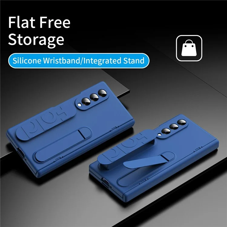 For Samsung Galaxy Z Fold4 5G Case with Tempered Glass Film Silicone Wristband Kickstand PC Phone Cover - Blue