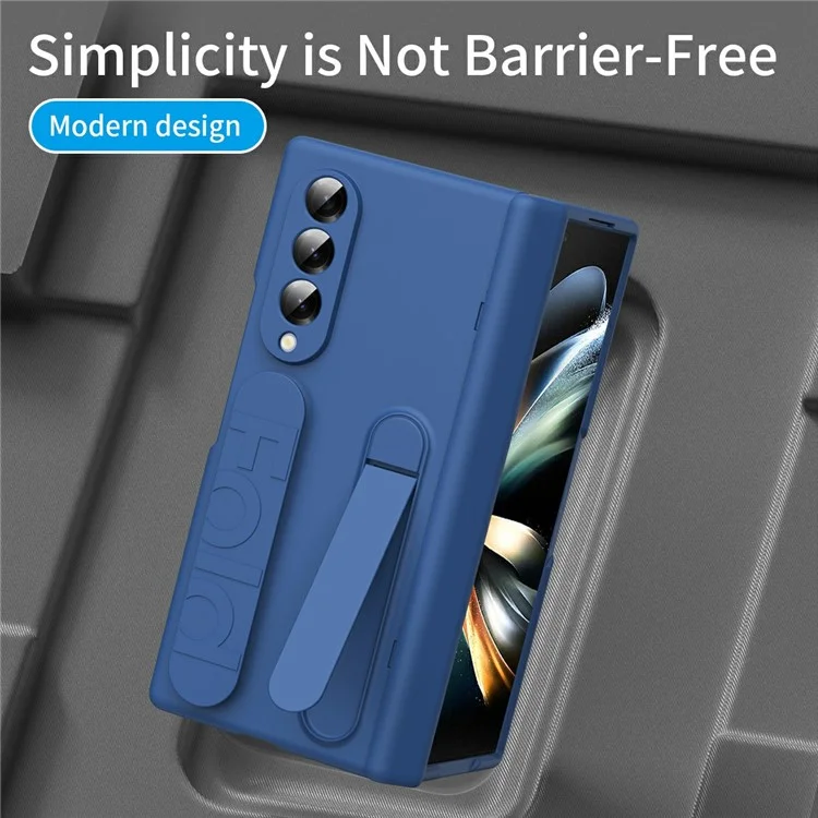 For Samsung Galaxy Z Fold4 5G Case with Tempered Glass Film Silicone Wristband Kickstand PC Phone Cover - Blue