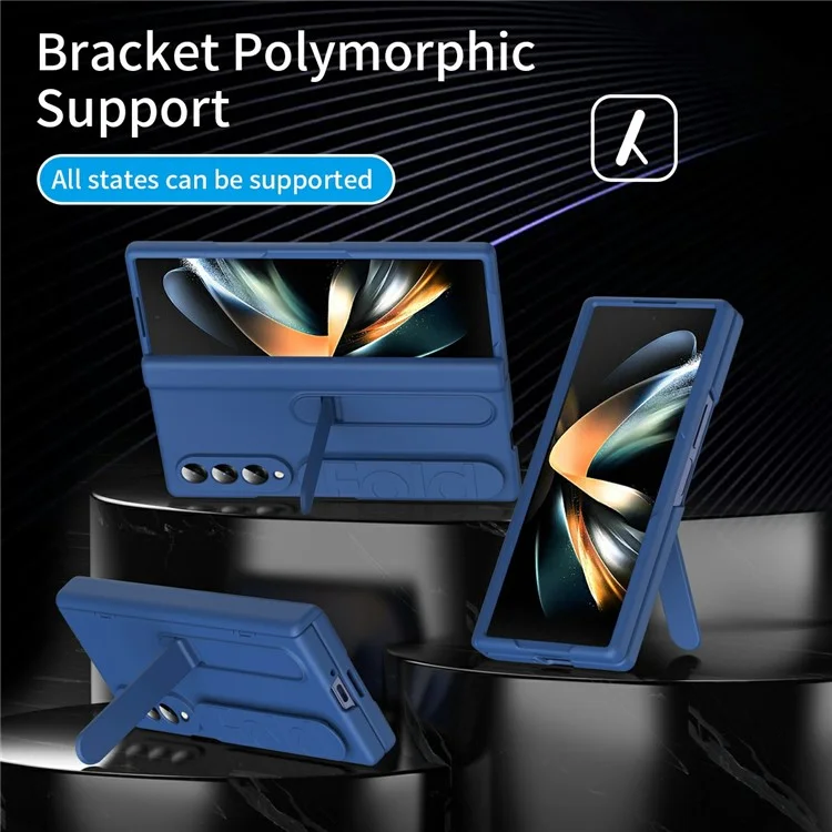 For Samsung Galaxy Z Fold4 5G Case with Tempered Glass Film Silicone Wristband Kickstand PC Phone Cover - Blue