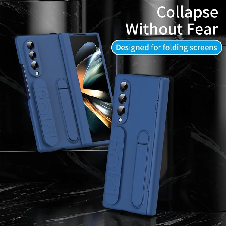 For Samsung Galaxy Z Fold4 5G Case with Tempered Glass Film Silicone Wristband Kickstand PC Phone Cover - Blue