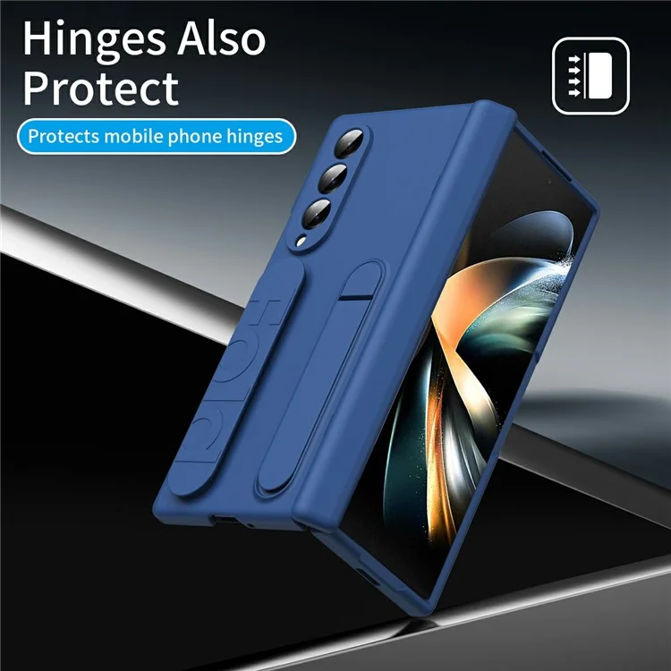 For Samsung Galaxy Z Fold4 5G Case with Tempered Glass Film Silicone Wristband Kickstand PC Phone Cover - Blue