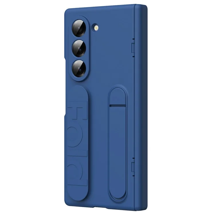 For Samsung Galaxy Z Fold5 5G Case with Tempered Glass Film Silicone Wristband Kickstand PC Phone Cover - Blue