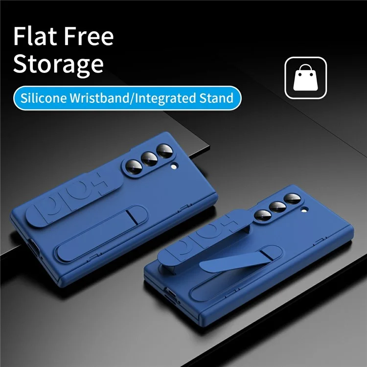 For Samsung Galaxy Z Fold5 5G Case with Tempered Glass Film Silicone Wristband Kickstand PC Phone Cover - Blue