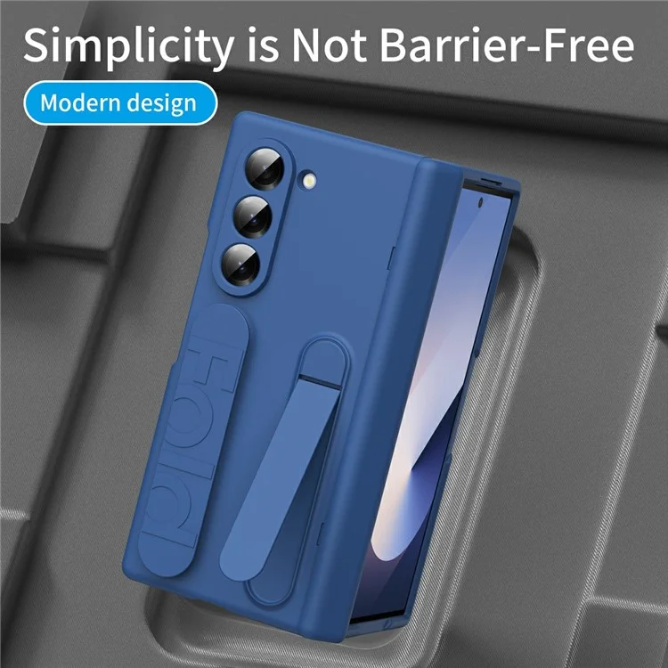 For Samsung Galaxy Z Fold5 5G Case with Tempered Glass Film Silicone Wristband Kickstand PC Phone Cover - Blue