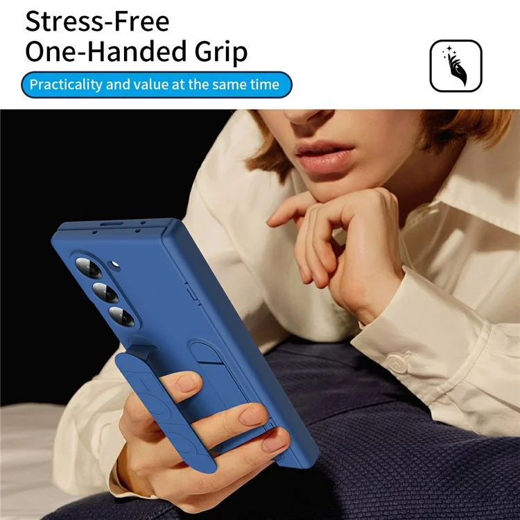 For Samsung Galaxy Z Fold5 5G Case with Tempered Glass Film Silicone Wristband Kickstand PC Phone Cover - Blue