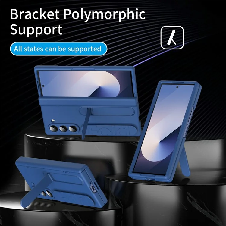 For Samsung Galaxy Z Fold5 5G Case with Tempered Glass Film Silicone Wristband Kickstand PC Phone Cover - Blue