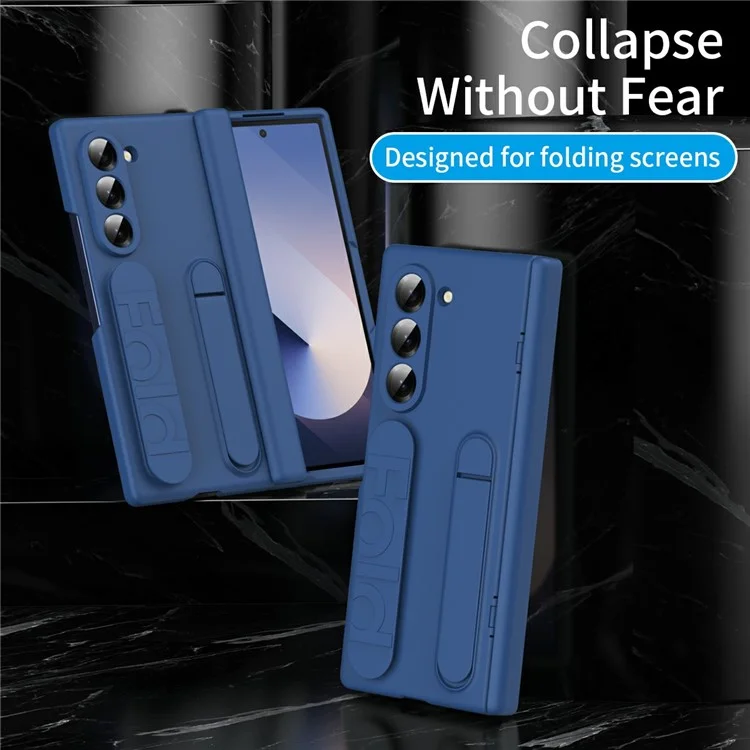 For Samsung Galaxy Z Fold5 5G Case with Tempered Glass Film Silicone Wristband Kickstand PC Phone Cover - Blue