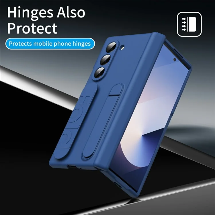 For Samsung Galaxy Z Fold5 5G Case with Tempered Glass Film Silicone Wristband Kickstand PC Phone Cover - Blue