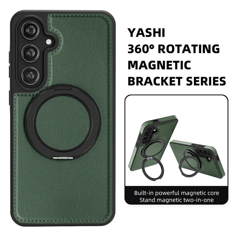 For Samsung Galaxy S24 FE Case with Ring Kickstand Compatible with MagSafe PU Leather Back Cover - Dark Green