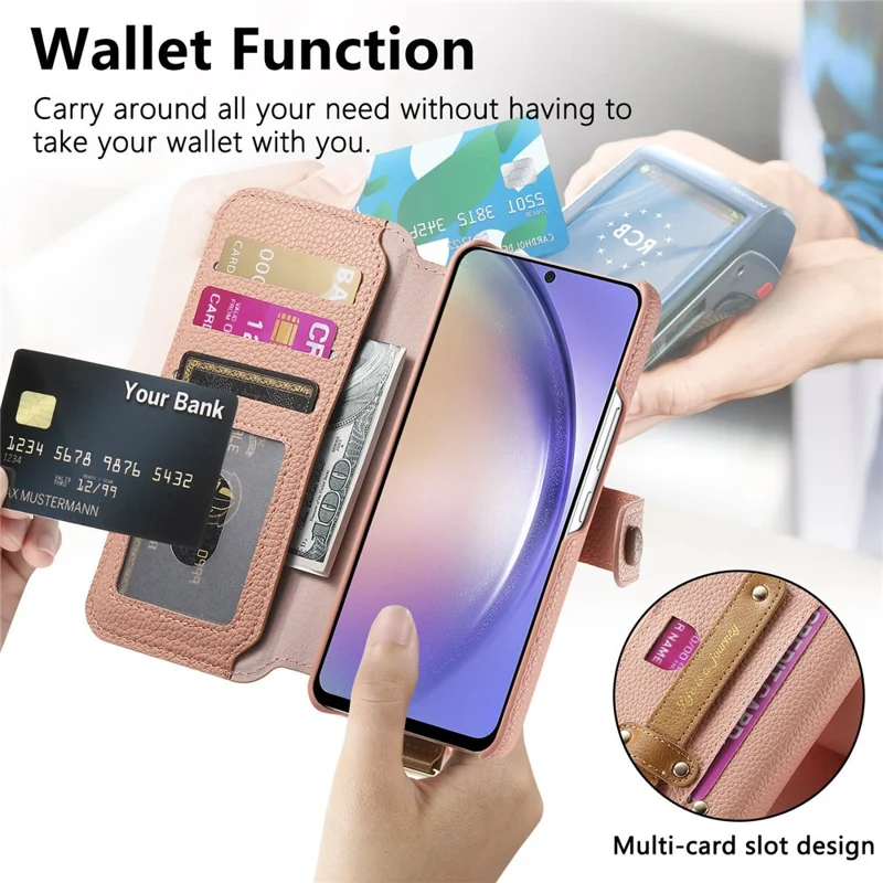 For Samsung Galaxy A36 5G Case RFID Blocking Zipper Wallet PU Leather Mobile Cover - Pink