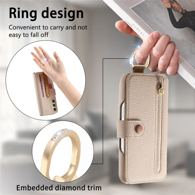 For Samsung Galaxy A36 5G Case RFID Blocking Zipper Wallet PU Leather Mobile Cover - Khaki