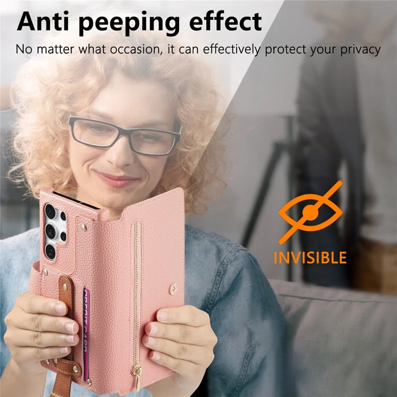 For Samsung Galaxy S25 Ultra Case RFID Blocking Zipper Wallet PU Leather Mobile Cover - Pink