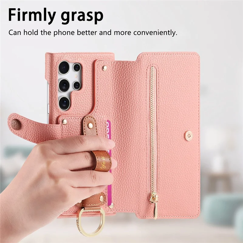 For Samsung Galaxy S25 Ultra Case RFID Blocking Zipper Wallet PU Leather Mobile Cover - Pink