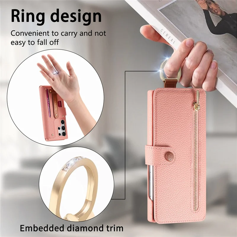 For Samsung Galaxy S25 Ultra Case RFID Blocking Zipper Wallet PU Leather Mobile Cover - Pink