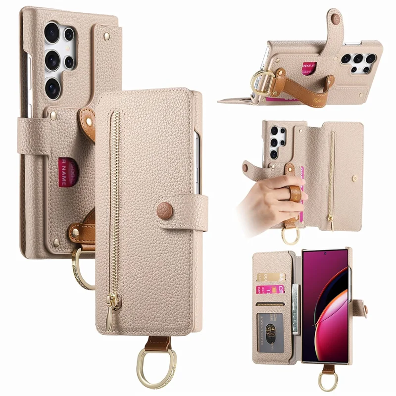 For Samsung Galaxy S25 Ultra Case RFID Blocking Zipper Wallet PU Leather Mobile Cover - Khaki