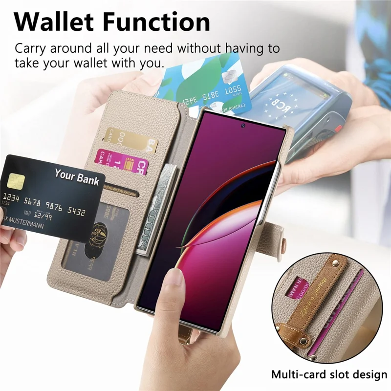 For Samsung Galaxy S25 Ultra Case RFID Blocking Zipper Wallet PU Leather Mobile Cover - Khaki