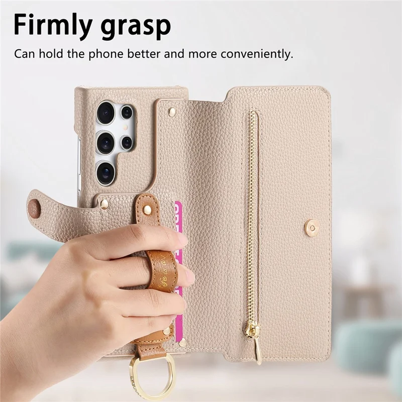 For Samsung Galaxy S25 Ultra Case RFID Blocking Zipper Wallet PU Leather Mobile Cover - Khaki