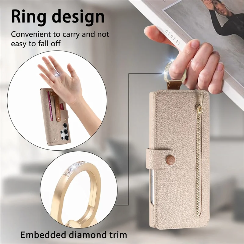 For Samsung Galaxy S25 Ultra Case RFID Blocking Zipper Wallet PU Leather Mobile Cover - Khaki