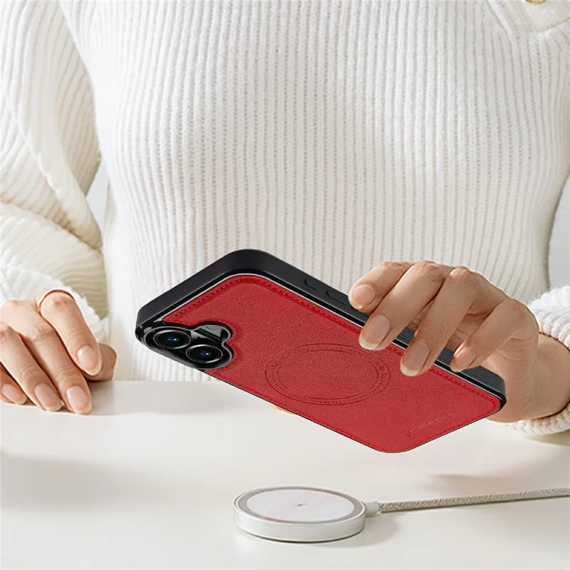Capa magnética para iPhone 16 compatível com MagSafe Leather+TPU Back Cover - Vermelho
