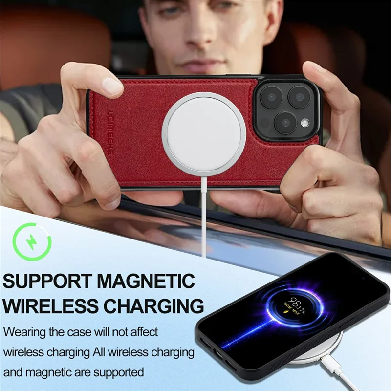 LC.IMEEKE For iPhone 15 Pro Magnetic Case Compatible with MagSafe Leather+TPU Back Cover - Red