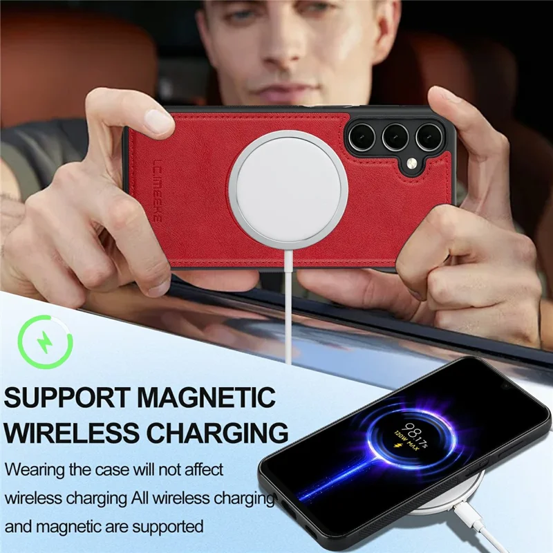 LC.IMEEKE Magnetische Hülle kompatibel mit Samsung Galaxy S24+ MagSafe, Leder+TPU-Rückseite - Rot