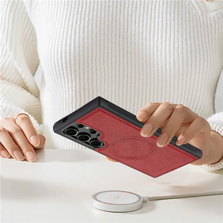 LC.IMEEKE For Samsung Galaxy S22 Ultra 5G Case Compatible with MagSafe Leather+TPU Back Cover - Red
