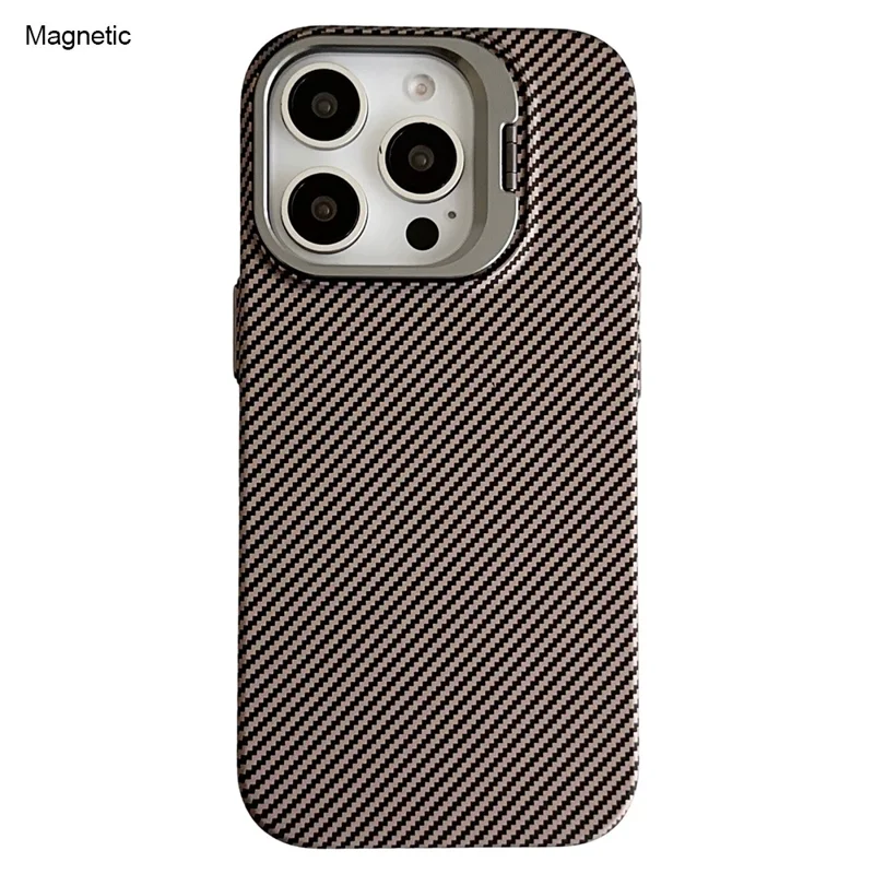 For iPhone 16 Pro Max Magnetic Case 600D Fine Carbon Fiber Texture Kickstand Phone Back Cover - Brown