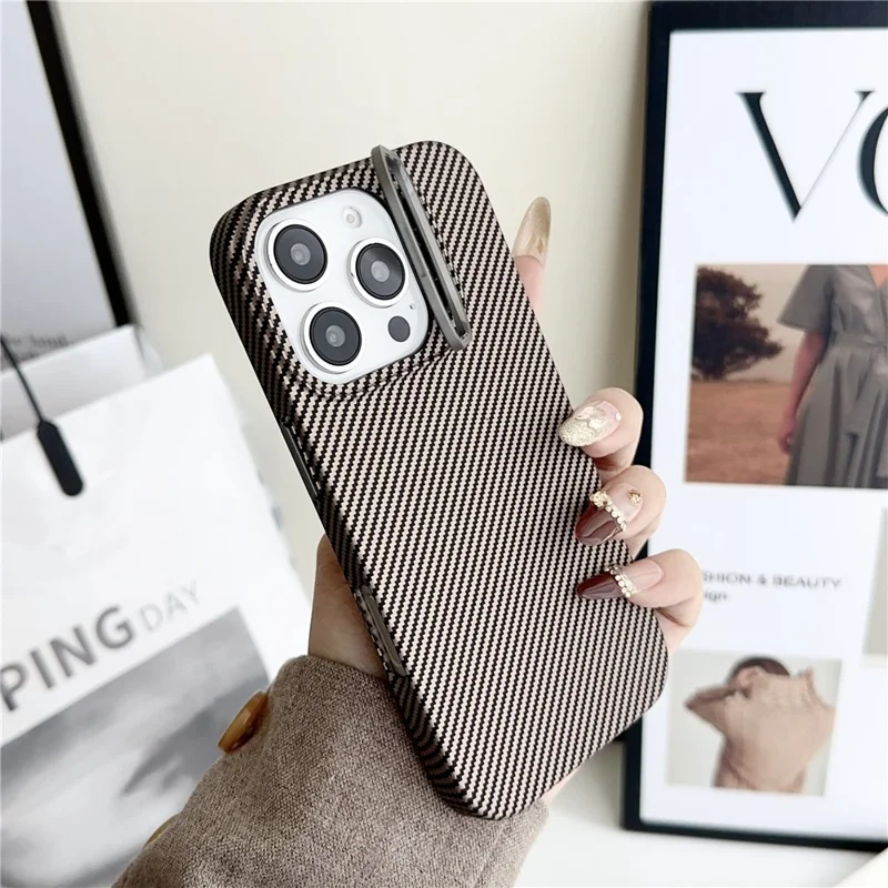 For iPhone 16 Pro Max Magnetic Case 600D Fine Carbon Fiber Texture Kickstand Phone Back Cover - Brown