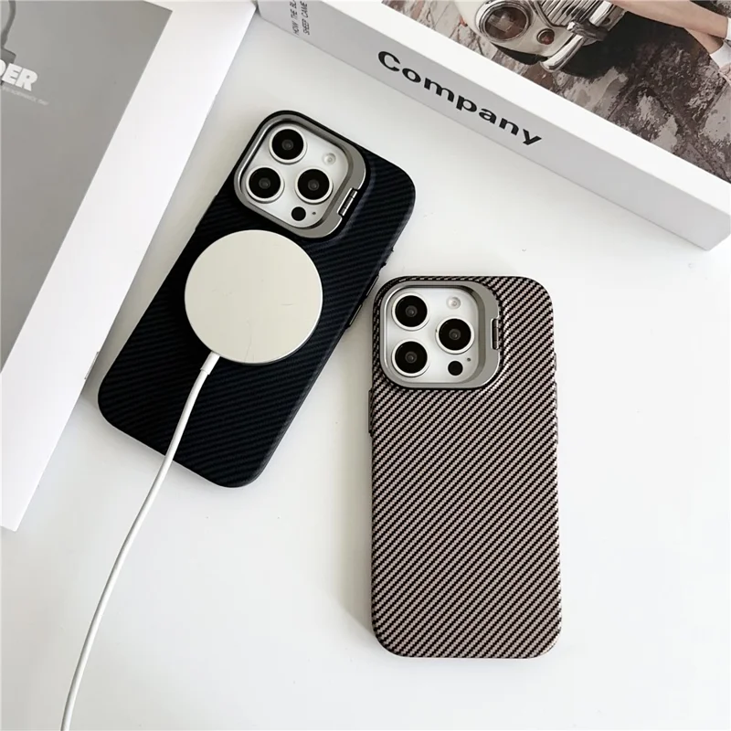 For iPhone 16 Pro Max Magnetic Case 600D Fine Carbon Fiber Texture Kickstand Phone Back Cover - Brown
