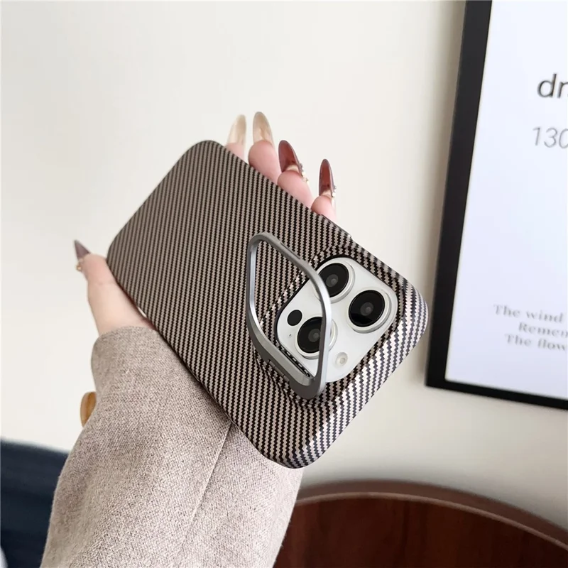 For iPhone 16 Pro Magnetic Case 600D Fine Carbon Fiber Texture Kickstand Phone Back Cover - Brown