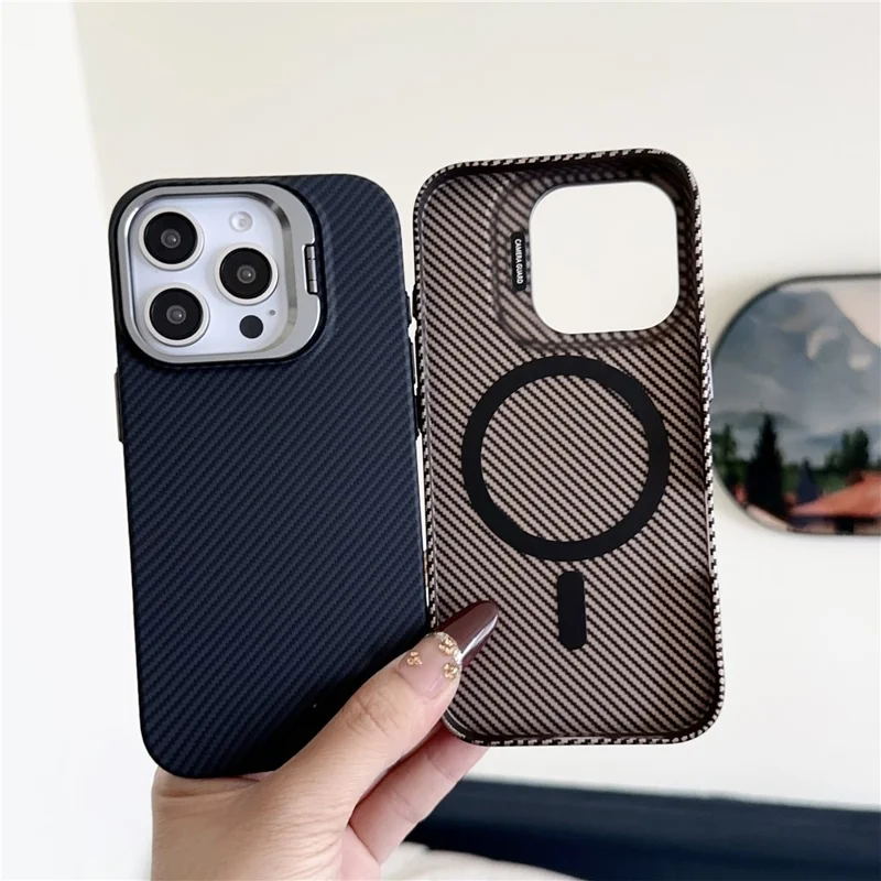 For iPhone 16 Pro Magnetic Case 600D Fine Carbon Fiber Texture Kickstand Phone Back Cover - Brown