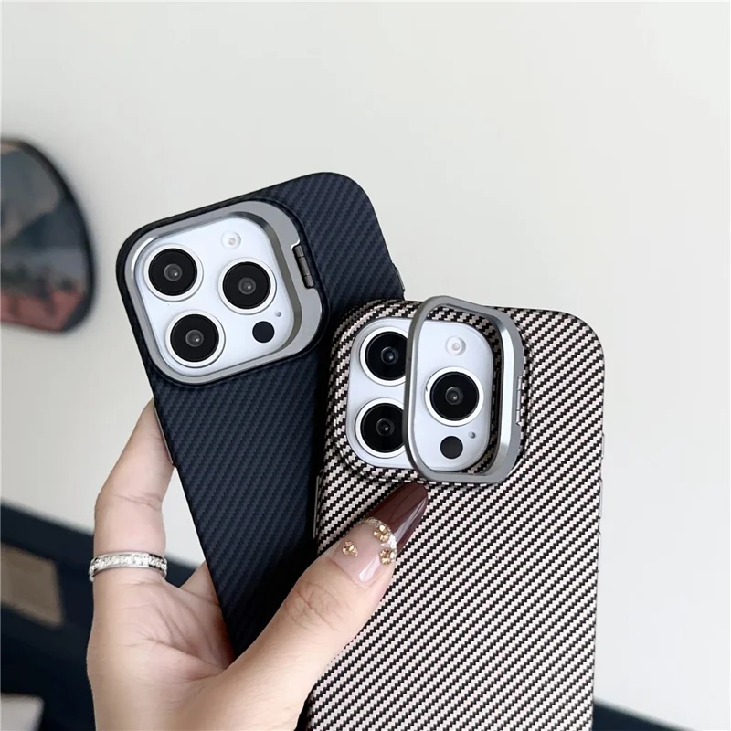 For iPhone 16 Pro Magnetic Case 600D Fine Carbon Fiber Texture Kickstand Phone Back Cover - Brown