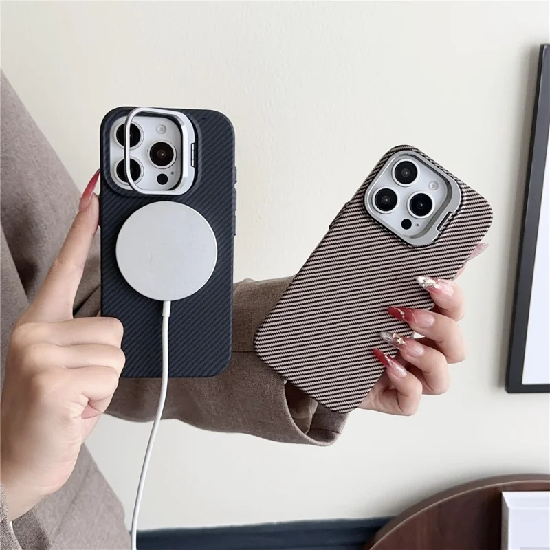 For iPhone 16 Pro Magnetic Case 600D Fine Carbon Fiber Texture Kickstand Phone Back Cover - Brown