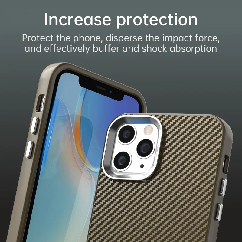 For iPhone 11 Pro Max Case Cell Phone Hybrid Back Cover Carbon Fiber Texture - Brown