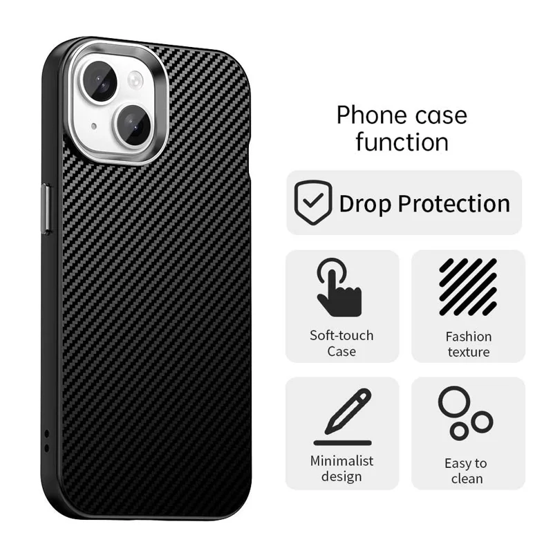 For iPhone 15 Case Cell Phone Hybrid Back Cover Carbon Fiber Texture - Black