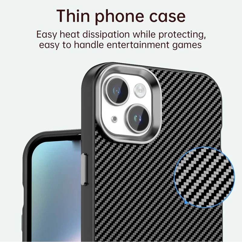 For iPhone 15 Case Cell Phone Hybrid Back Cover Carbon Fiber Texture - Black