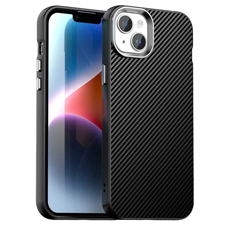Per iPhone 15 Plus / 14 Plus Custodia Ibrida Retro in Fibra di Carbonio - Nero